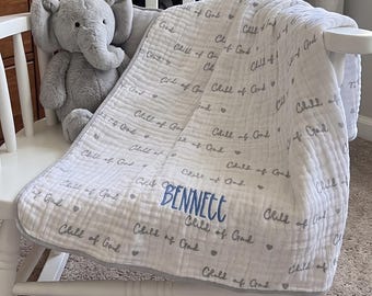 Personalized Baby Blanket | Child of God Muslin Swaddle | Custom Name Organic Cotton Blanket | Christian Baby Baptism Gift