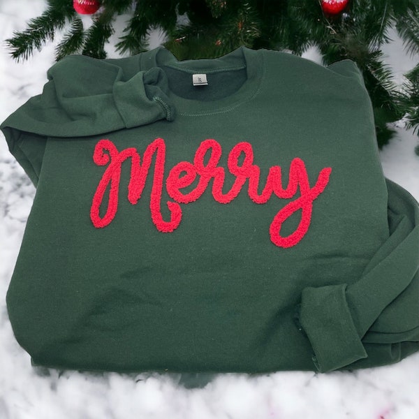 Merry Christmas Shirts, Chenille Letter Sweatshirt Cute Holiday Sweater for women, Fuzzy Letters Puffy Letters Winter Crewneck