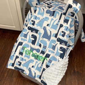 Personalized carseat canopy for boys or girls, monogrammed carseat blanket, blue dinosaurs boy canopy, car seat tent cover, newborn boy gift
