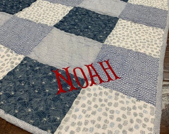 Monogram Baby quilt, personalized baby gift, new baby boy gift, denim blue baby quilts, monogrammed cotton quilt for baby, unique baby