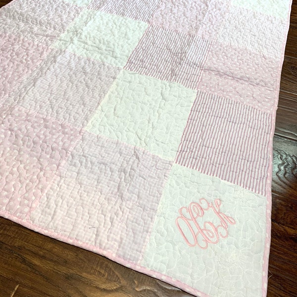 Monogram Baby quilt for girls | Personalized pink patchwork cotton quilt with name | Girl Nursery