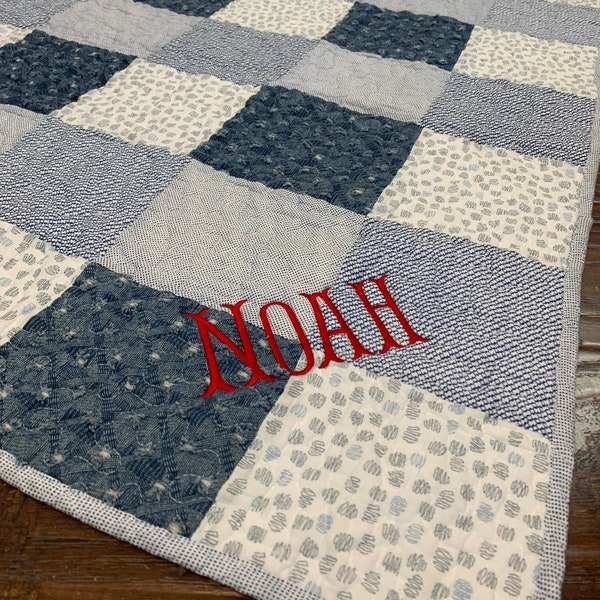 Monogram Baby quilt, personalized baby gift, new baby boy gift, denim blue baby quilts, monogrammed cotton quilt for baby, unique baby
