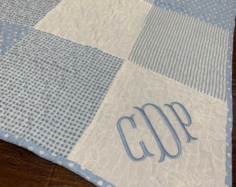 Monogram Baby quilt, personalized baby gift, new baby boy gift, blue baby quilts, monogrammed cotton quilt for baby nursery, unique baby