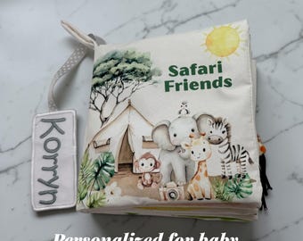 Personalized Safari Animal Sensory Book – Quiet Book for Baby, Jungle Theme Soft Book with Textured Tails & Custom Name Tag Gift
