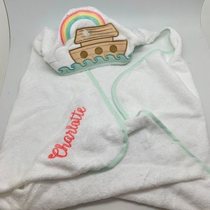 Personalized Baby Hooded Towel, Noah&#39;s Ark monogrammed hooded bath towel, monogram baby towel, rainbow baby gift, baby shower gift