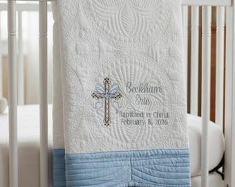 Personalized Baptism Quilt, Embroidered Cross, Christening Gift