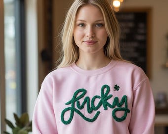 Pink St Patricks Day Sweatshirt | Lucky Shamrock Chenille Embroidery