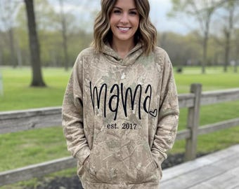 Camo Mama Hoodie with EST Year | Personalized Mom Hoodie | Embroidered Mama Sweatshirt | Camouflage Mom Gift | New Mom Gift
