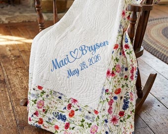 Personalized Wedding Quilt Embroidered Wildflower Throw Custom Anniversary Gift Keepsake Blanket Heirloom