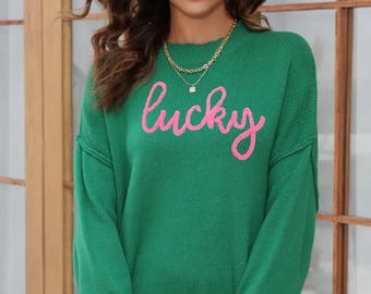 Green 'Lucky' Chenille Sweater | St Patricks Day Outfit