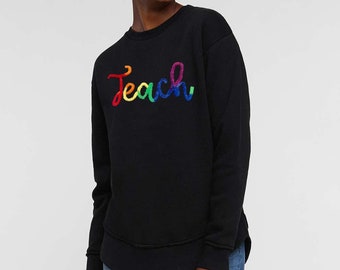 Chenille Letter Teacher Sweatshirt, Rounded Hem Tunic Style