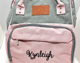 Monogrammed Diaper Backpack: Personalized Nappy Bag, Pink & Gray