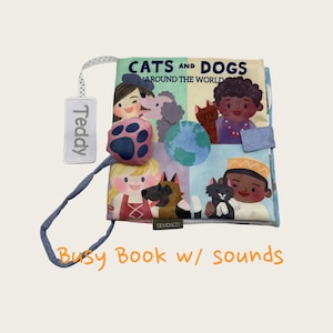 Busy book with sounds, personalized fabric book, dog and cat cloth book, 1st birthday gifts, monogrammed interactive toy, unique baby gift