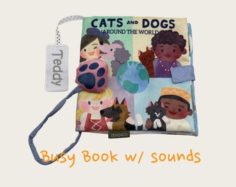 Busy book with sounds, personalized fabric book, dog and cat cloth book, 1st birthday gifts, monogrammed interactive toy, unique baby gift