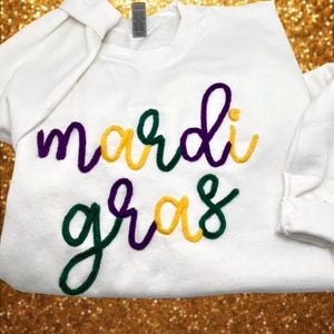 Mardi Gras Chenille Letter Sweatshirt: Fat Tuesday Party Top