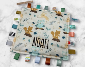 Personalized Woodland Taggie • Custom Name Sensory Blanket • Woodland Animals Baby Lovey • Newborn Gift