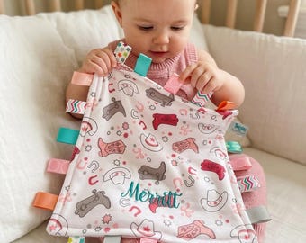 Cowgirl Baby Taggie Blanket, Personalized Western Lovey, Pink Cowboy Nursery Gift, Sensory Ribbon Blanket for Baby Girl