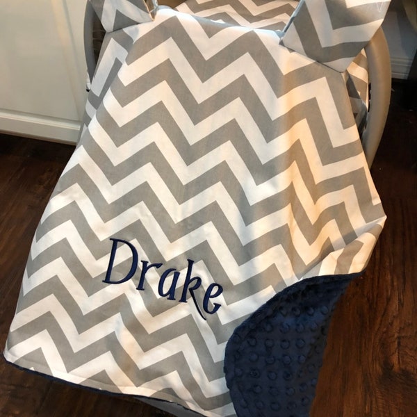 Personalized car seat canopy boy or girl, Baby Boy Car Seat cover, Car Seat Blanket, Carseat Cover Boy, Grey Chevron Navy