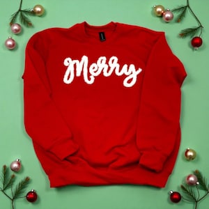 Youth Merry Christmas Sweatshirt | Chenille Letter Holiday Sweater for Kids