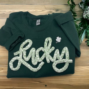 St Patrick’s Day shirt sweatshirt St Paddy’s top for her Ladies Lucky Shamrock sweatshirt, Cute Green Sweat Shirt Lucky Charm shirt chenille