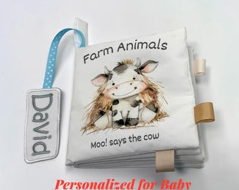 Personalized Baby Soft Book – Farm Animals Quiet Book, Custom Name Tag Toy, Sensory Crinkle Book, Baby Shower Gift, Infant Learning Toy