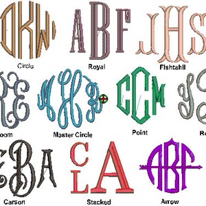 Pu&ograve; includere: Un grafico che mostra 10 diversi stili di monogramma, tra cui Circle, Royal, Fishtail, Heirloom, Master Circle, Point, Regal, Carson, Stacked e Arrow. Ogni stile &egrave; mostrato con un set di lettere diverso.