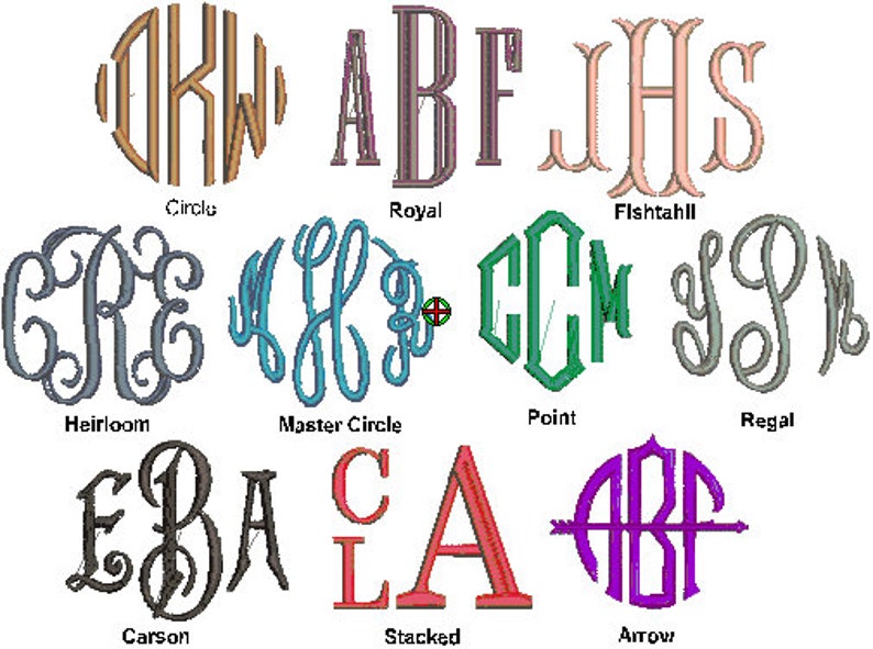 Pu&ograve; includere: Un grafico che mostra 10 diversi stili di monogramma, tra cui Circle, Royal, Fishtail, Heirloom, Master Circle, Point, Regal, Carson, Stacked e Arrow. Ogni stile &egrave; mostrato con un set di lettere diverso.