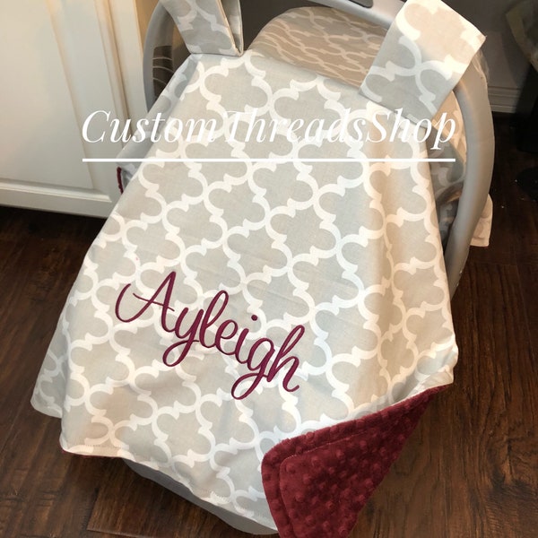 Monogrammed Carseat Canopy, Personalized carrier cover, baby girl gift, boy gift, gift for girls, car seat blanket tent, gray grey