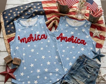 America Tank Top, Patriotic Chenille Yarn Shirt, Star Print Fourth of July, Women's USA Merica Summer Shirt