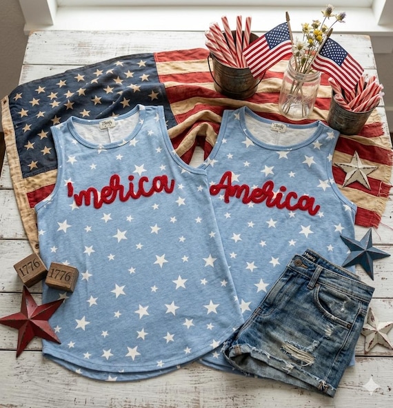 America Tank Top, Patriotic Chenille Yarn Shirt, Star Print Fourth of July, Women's USA Merica Summer Shirt