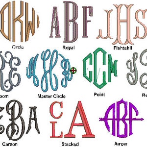 May include: A graphic showing 10 different monogram styles, including Circle, Royal, Fishtail, Heirloom, Master Circle, Point, Regal, Carson, Stacked, and Arrow. Each style is shown with a different set of letters.