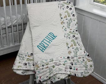 Personalized Baby Quilt • Custom Name Blanket • Forest Animal Footprint Quilt • Embroidered Newborn Nursery Gift