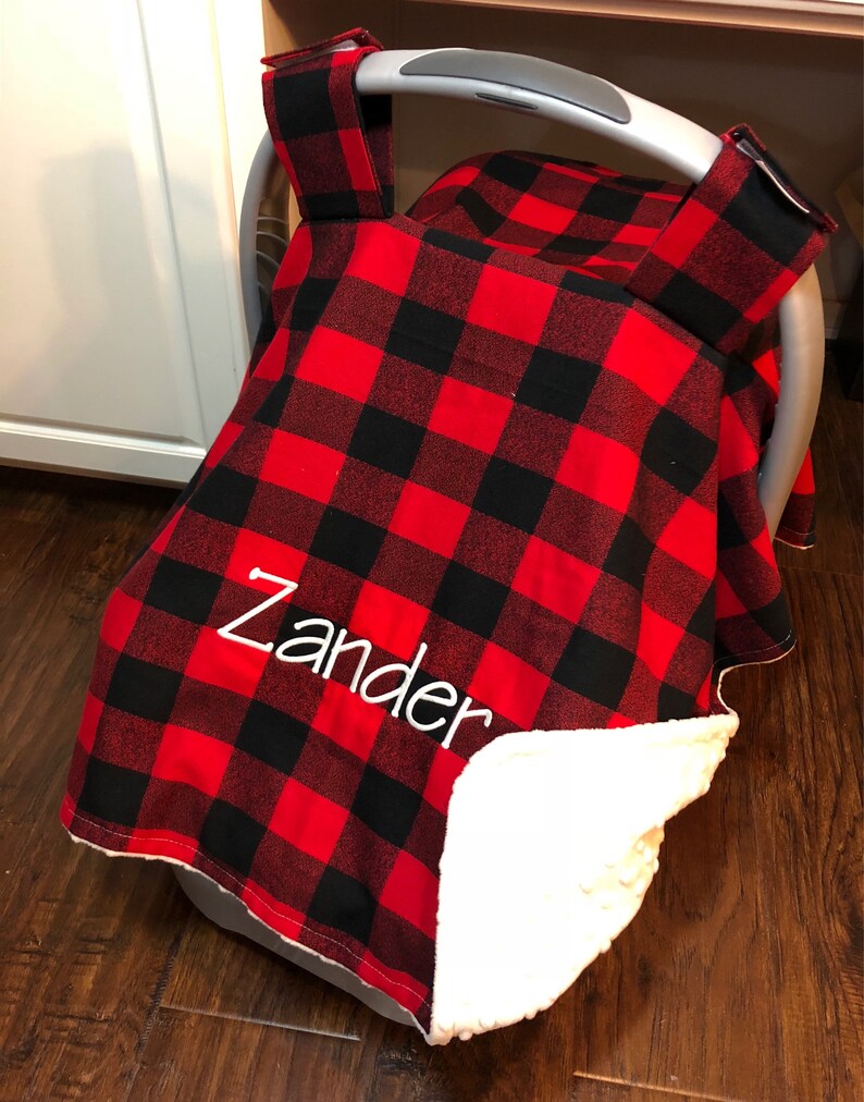 Personalized Baby Boy Canopy Cat Cover Car Seat Blanket For Boys Gift Buffalo Plaid Red Check