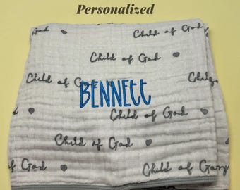 Personalized Baby Blanket | Child of God Muslin Swaddle | Custom Name Organic Cotton Blanket | Christian Baby Gift | Baptism Gift
