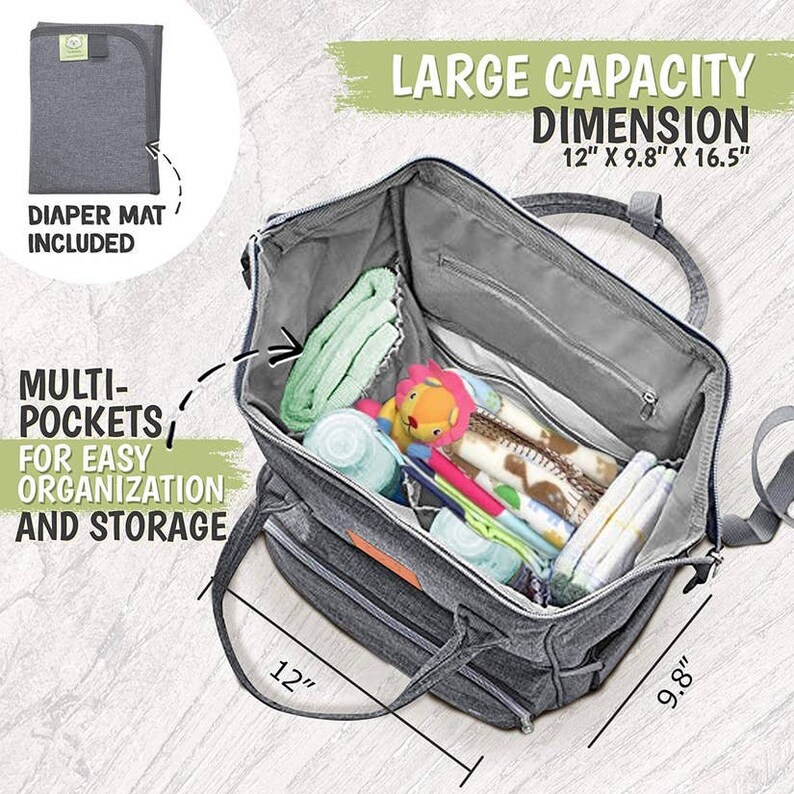 May include: A gray diaper bag with multiple pockets and a changing mat. The bag is open and filled with baby items, including a toy lion, bottles, and blankets. The bag measures 12 inches by 9.8 inches by 16.5 inches.