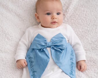 Personalized Baby Bow Bodysuit | Baptism Outfit | Coming Home Swaddle Bow | Baby's Name & Birth Date