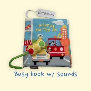 Busy book with sounds personalized fabric book, cloth book, 1st birthday gifts, monogrammed interactive toy, unique baby gift cars plane