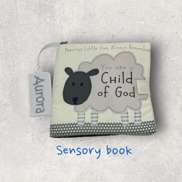 Livre souple personnalisé Enfant de Dieu – Souvenir sensoriel chrétien pour bébé