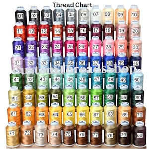 May include: A thread chart displaying 80 spools of thread in a range of colours, arranged in rows. Each spool is labelled with a number from 01 to 80. The text "Thread Chart" is at the top.