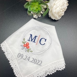 Wedding Handkerchief personalized for bridal party, bridesmaid gifts, something blue monogrammed hanky wedding day gift for bride