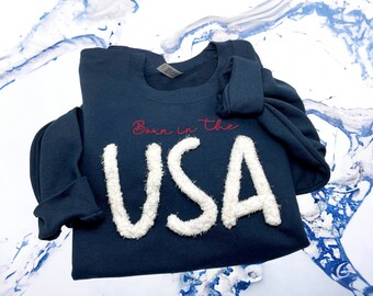 Chenille USA Sweatshirt: Patriotic July 4th Fuzzy Letter Top