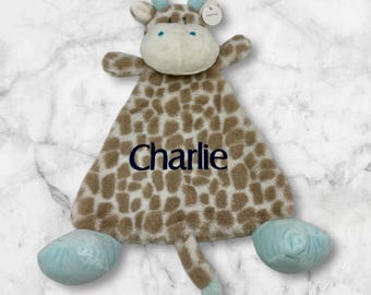 Personalized Giraffe Baby Lovey Blanket, Rattle Sensory Toy for Baby Boy