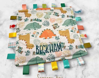 Personalized Dinosaur Taggie Blanket | Custom Name Sensory Lovey for Baby & Toddler