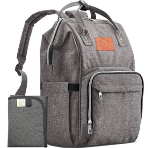 May include: A gray diaper bag backpack with multiple pockets and a zippered front pocket. The bag has a brown leather patch with a white cartoon bear logo that says "Yookidoo". A gray changing mat is included.