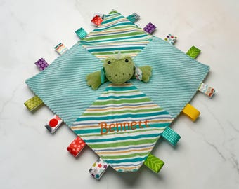 Personalized Frog Taggie Blanket • Baby Lovey Security Blanket • Sensory Ribbon Tag Blanket • Custom Baby Shower Gift
