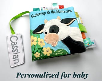 Personalized Taggies Baby Soft Book – Cow Sensory Crinkle Book, Farm Baby Gift, Custom Name 1st Birthday Keepsake