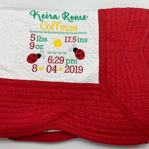 Monogram Baby quilt for girls, personalized baby gift photo prop, newborn baby girl gift, baby girl quilt, newborn baby stats, red ladybug