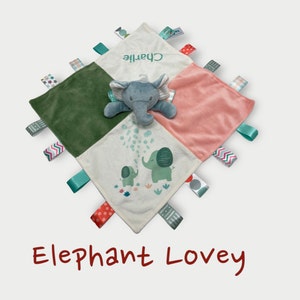 Personalized baby lovey blankie, newborn gift taggie blanket, elephant lovey blanket, baby gift unique baby gift baby elephant, sensory toys