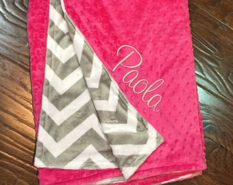 Monogrammed baby girl blanket, personalized gift for girls, monogram toddler or baby blanket, personalized baby gift, hot pink gray