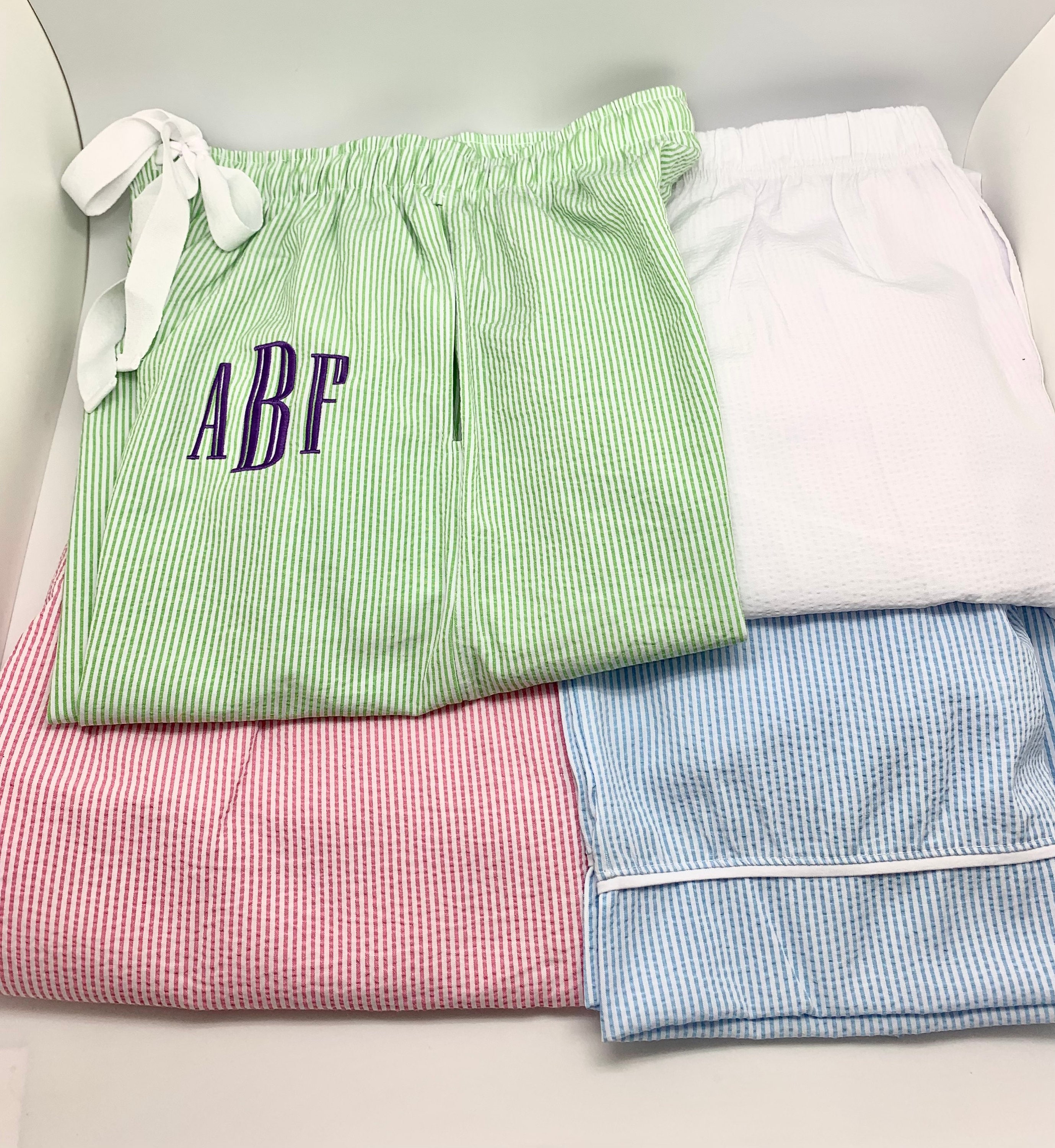 Monogrammed Ladies Pink Lounge Pants, Seersucker Lounge Pants